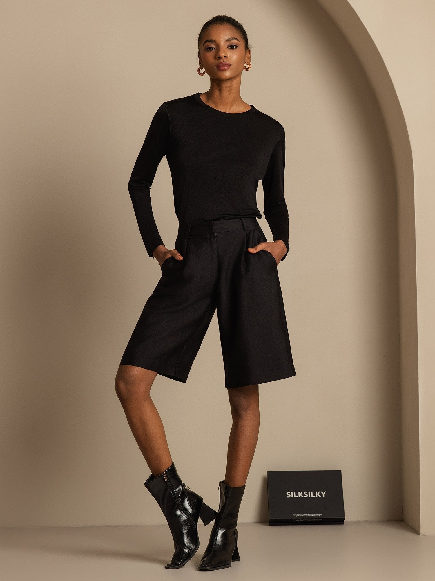 [Black] SilkSilky  32Momme Silk Womens Shorts 005,