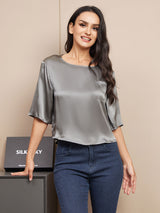 [Dark Gray] SilkSilky  Pure Silk Half Sleeve Scoop Neck Women's T-Shirt 005