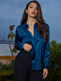 SilkSilky  Silk Blend Long Sleeve Collar Women's Shirt Teal 005