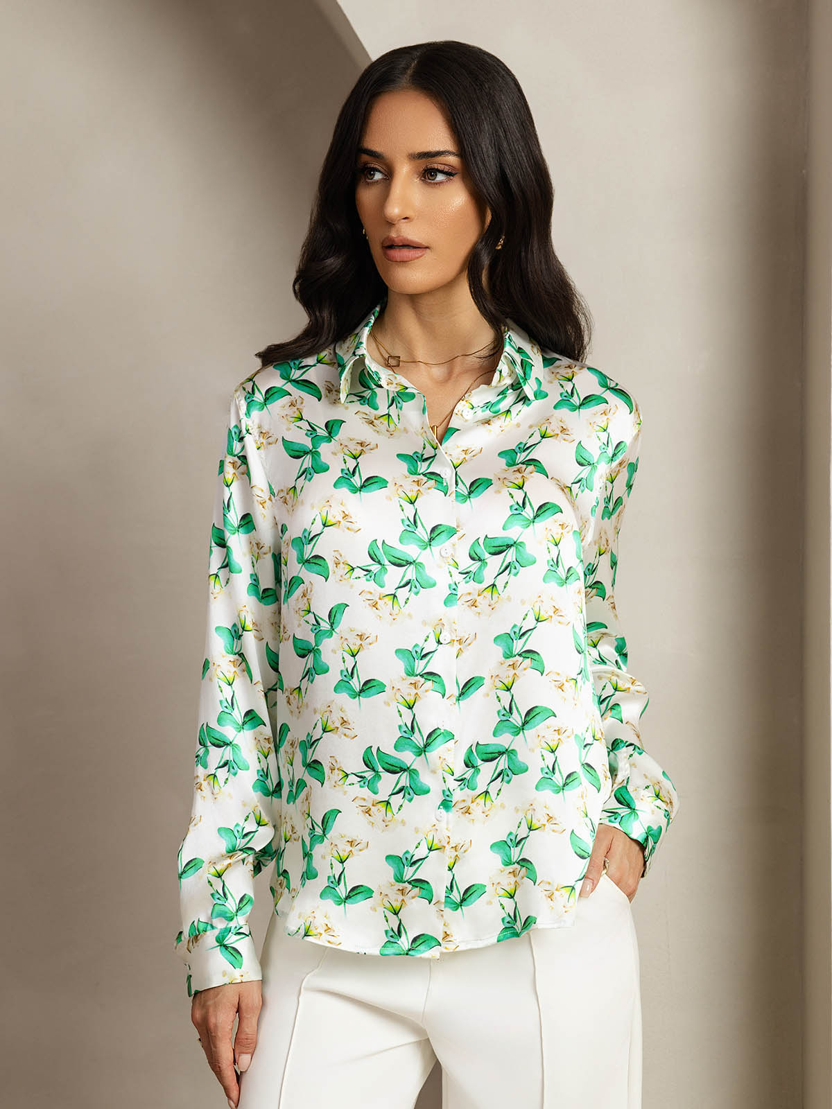 [Green Floral] SilkSilky  Silk Lapel Collar Women's Shirt 005