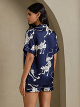 [Navy Cheetah] SilkSilky  Short Sleeve Notch Collar Women's Pajamas 002