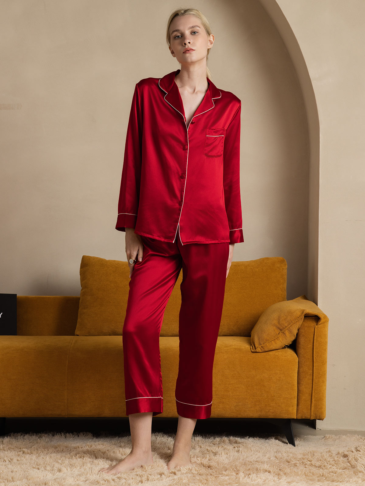 SilkSilky  22Momme Pure Silk Long Sleeve Lapel Women's Pajamas DarkRed 004