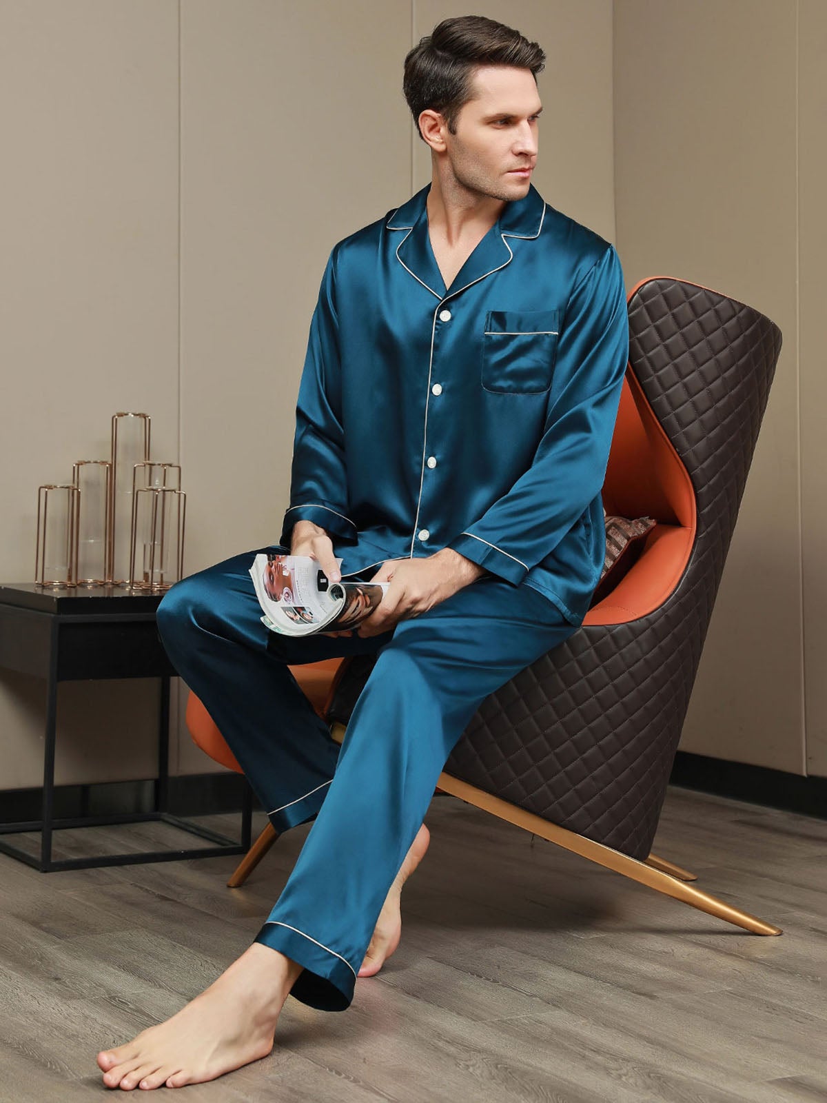 SilkSilky US 19Momme Pure Silk Long Sleeve Lapel Men's Pajamas Teal 007