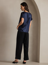 [Dark Blue] SilkSilky  19Momme Stretch Silk Charmeuse Short Sleeve Boat Neck Women's T-Shirt 002