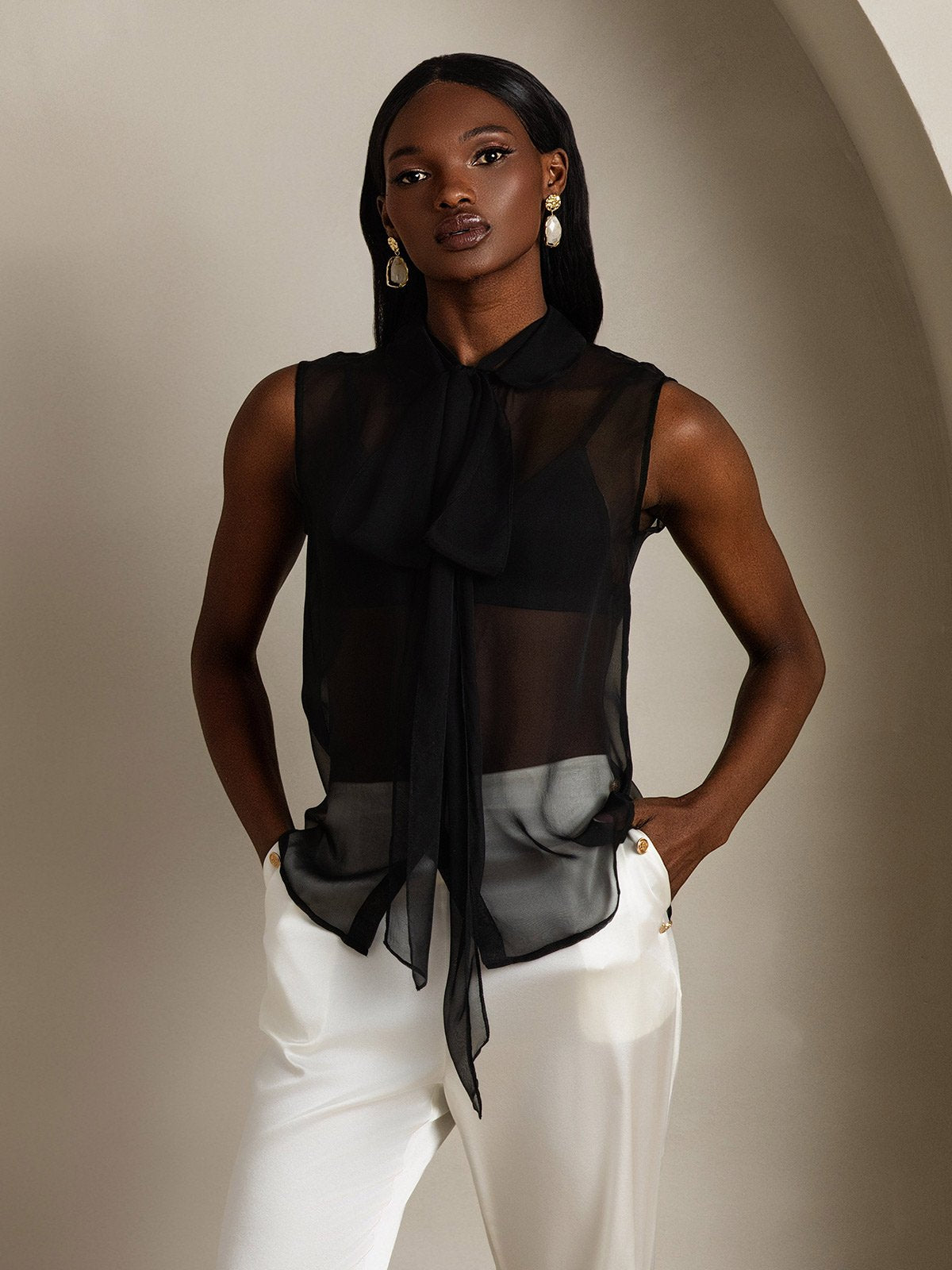 SilkSilky Pure Silk Sleeveless Tie Neck Women's Shirt Black 006