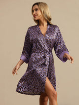 [Purple Leopard] SilkSilky  19Momme 3/4 Sleeve Women's Robe 001