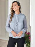 SilkSilky US 19Momme Silk Blend Long Sleeve Stand Collar Women's Shirt LightBlue 004