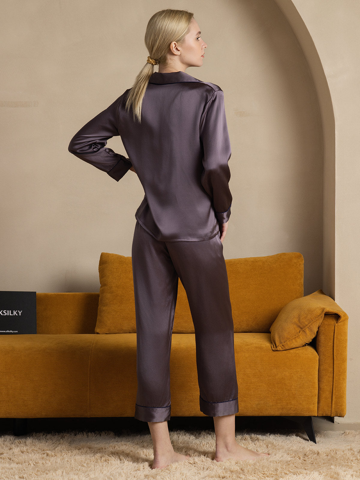 SilkSilky  Pure Silk Long Sleeve Lapel Women's Pajamas PurpleGray 002