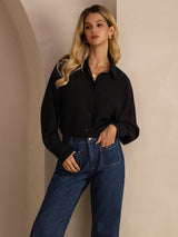 [Black] SilkSilky Long Sleeve Lapel Collar Women's Shirt 005