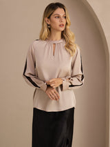 [Tan] SilkSilky Long Sleeve Keyhole Neck Women's Blouse 003