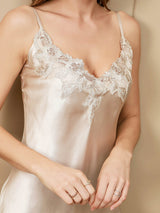 [Beige] SilkSilky  Spaghetti Strap V Neck Nightgown 006