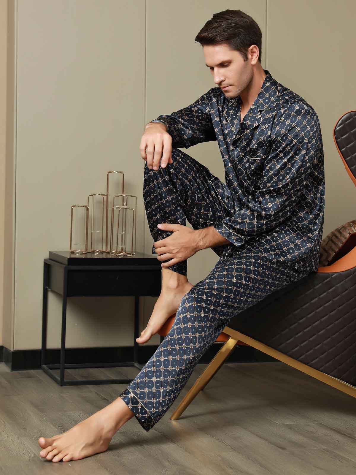 SilkSilky US Pure Silk Long Sleeve Lapel Men's Pajamas DarkBlue 006