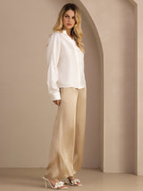 [White] SilkSilky Long Sleeve Split Women's Blouse 005