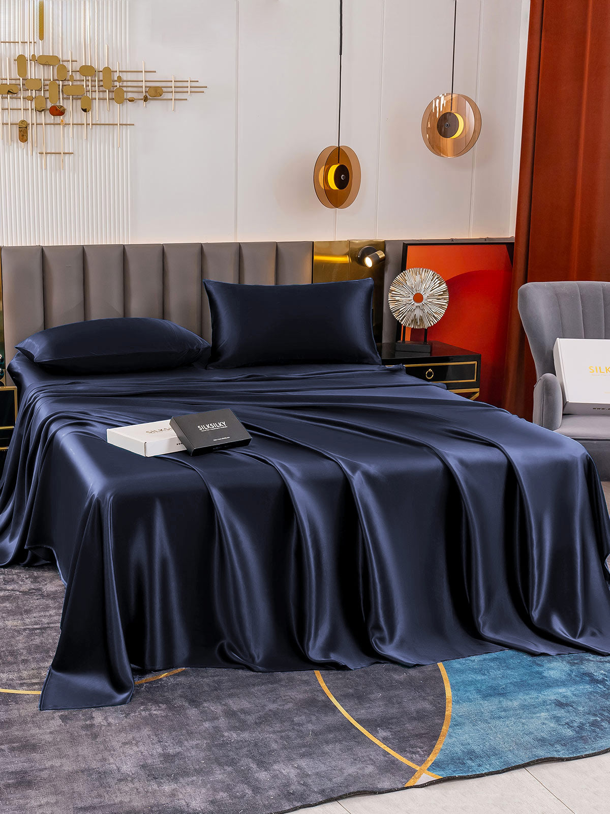 SilkSilky US 19Momme Pure Silk Bedding Set DarkBlue 003