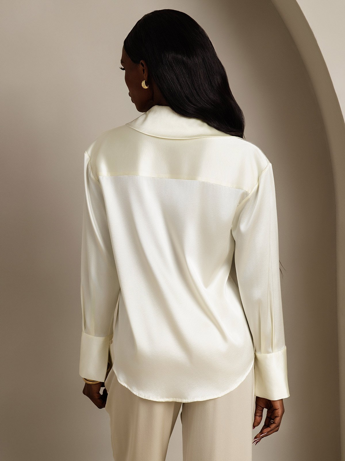 SilkSilky 19Momme Silk Long Sleeve Lapel Women's Shirt Ivory 002