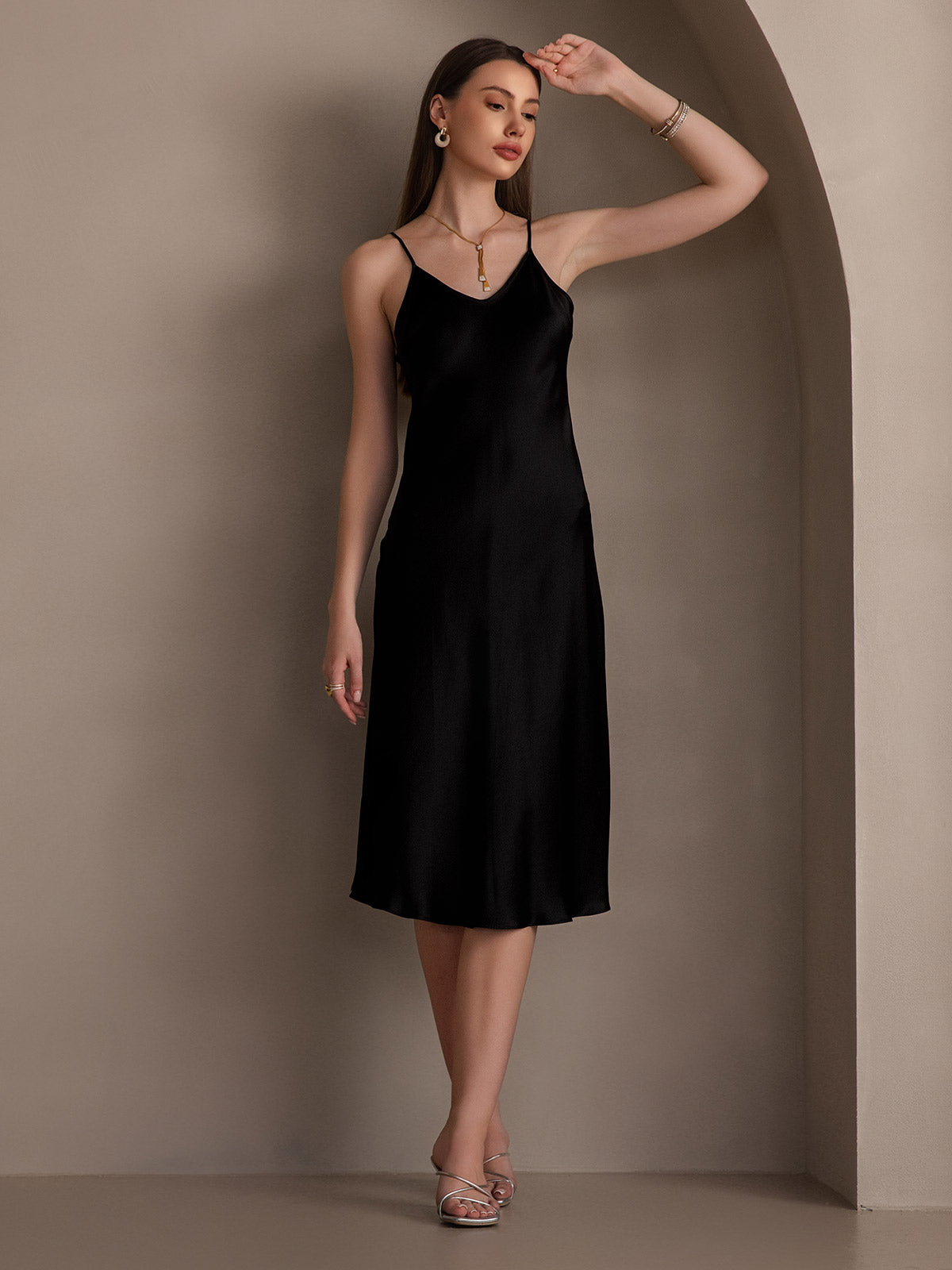 SilkSilky  Pure Silk Deep V Neck Dress Black 005