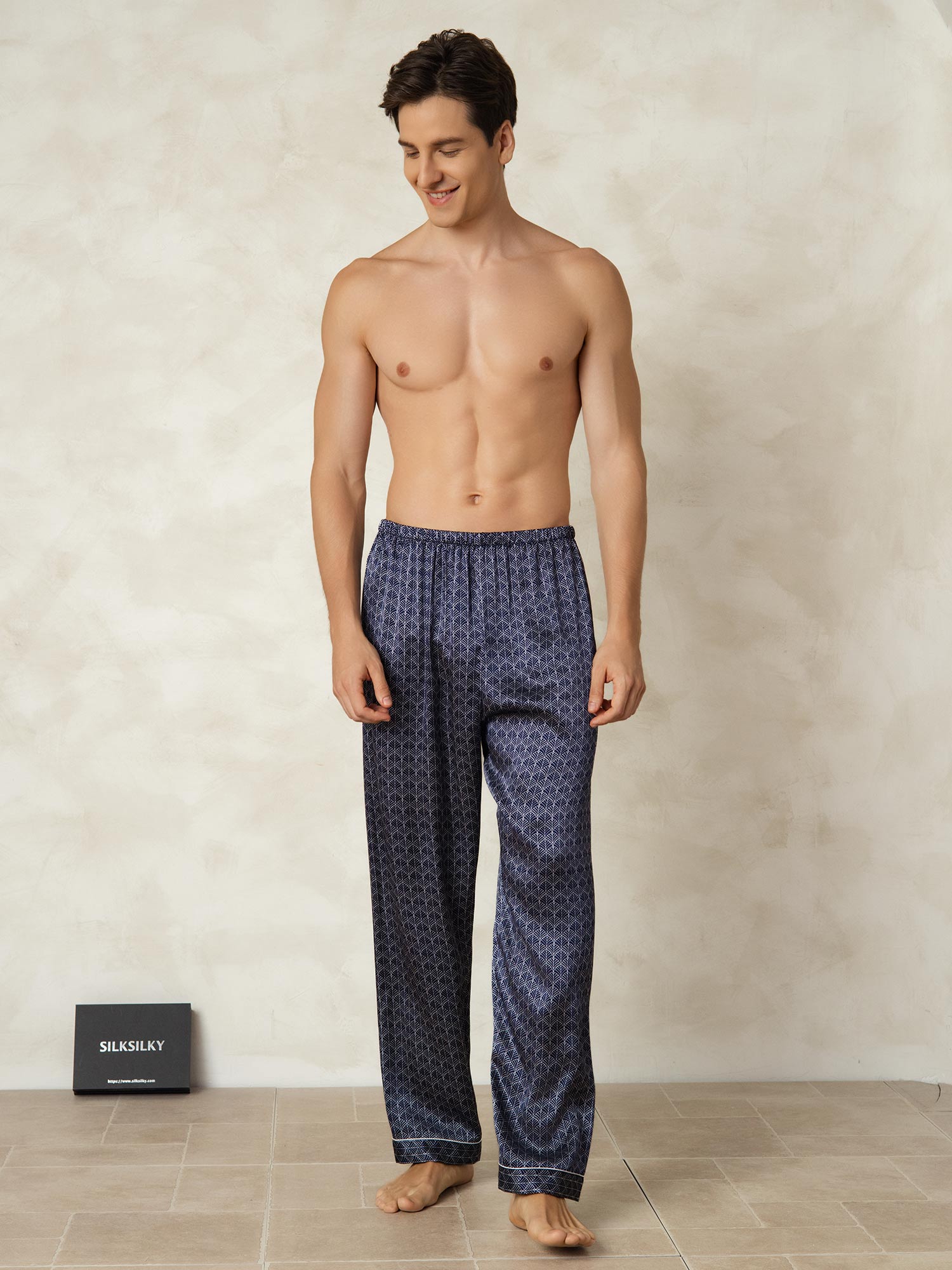 [Navy Ginkgo] SilkSilky  Pure Silk Mens Sleep Bottoms 005