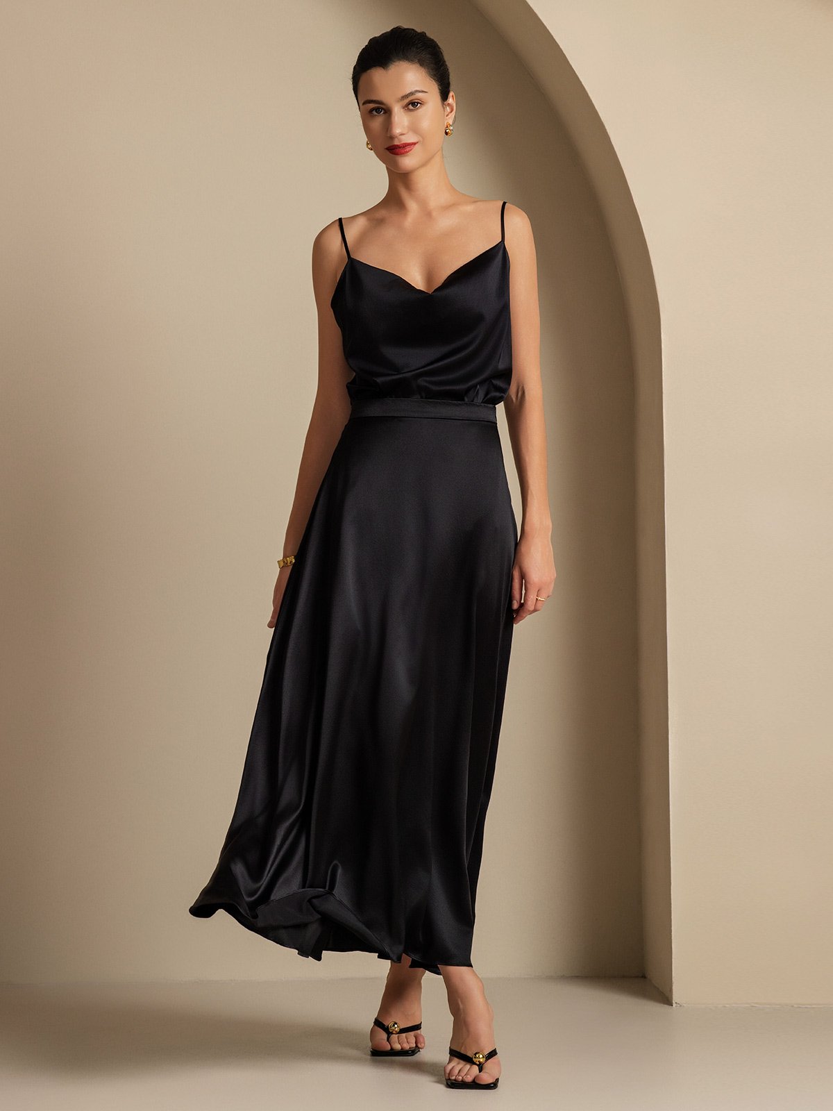 [Black] SilkSilky  19Momme Silk Cowl Neck Women''s Outfit Sets 006,