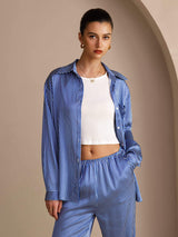 [Blue Pinstripe] SilkSilky Long Sleeve Lapel Collar Women's Outfit Sets 005