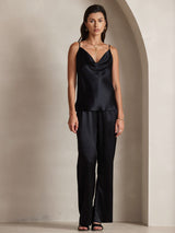 [Black] SilkSilky  19Momme Stretch Silk Charmeuse Spaghetti Strap Cowl Neck Camisole Top 007