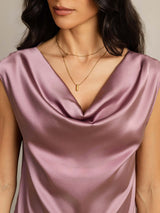 [Pale Mauve] SilkSilky  19Momme Stretch Silk Charmeuse Cap Sleeve Cowl Neck Women's T-Shirt 005