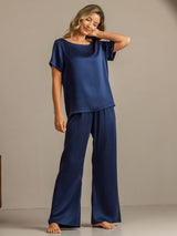 [Dark Blue] SilkSilky  19Momme Machine-Washable Silk Short Sleeve Women's Pajamas 006