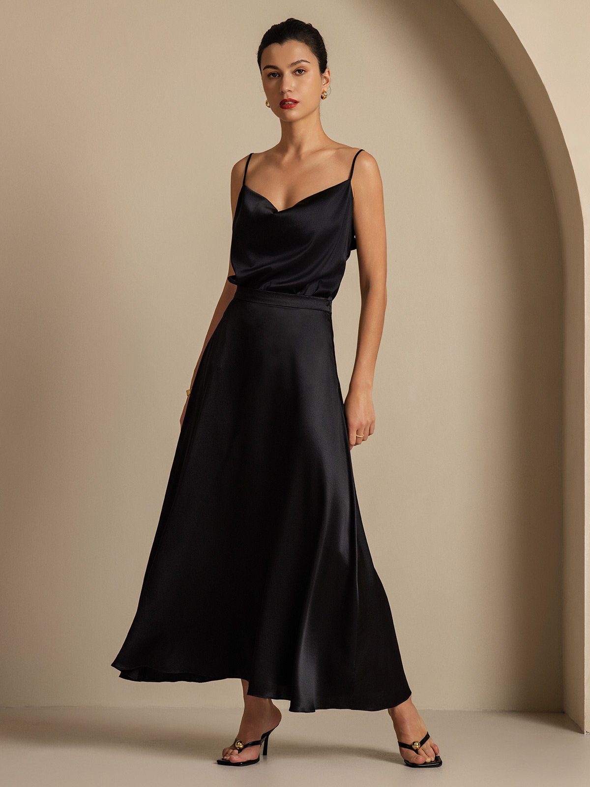 [Black] SilkSilky  19Momme Silk Cowl Neck Women''s Outfit Sets 009,