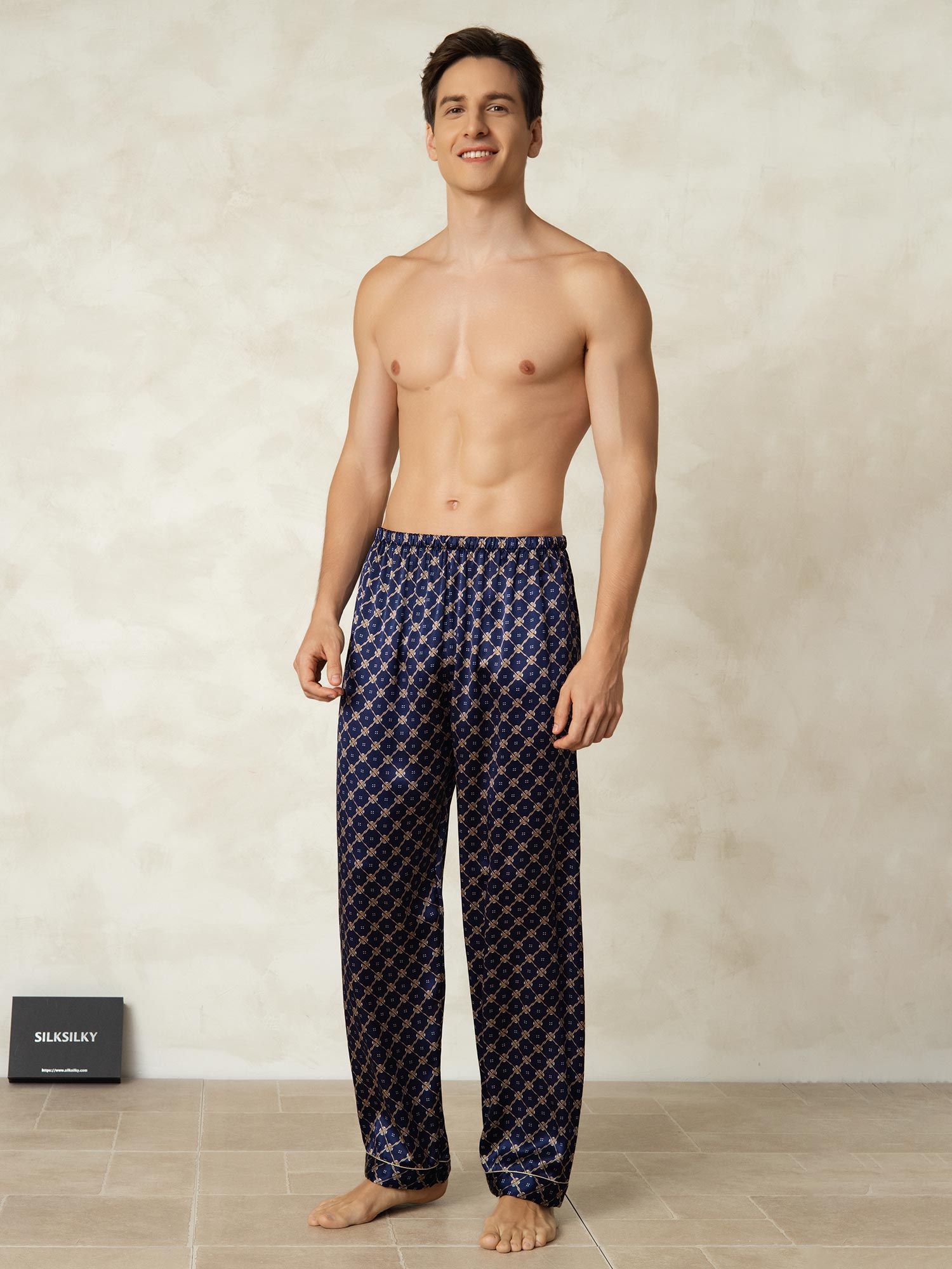 [Navy Chain] SilkSilky  Pure Silk Mens Sleep Bottoms 004