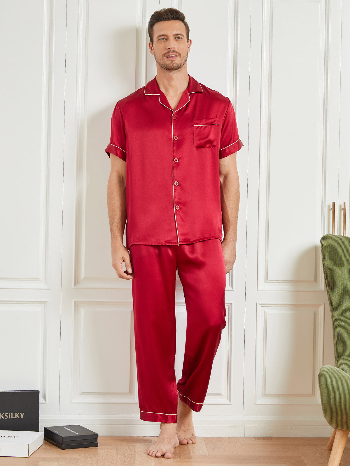 [Red] SilkSilky  19Momme Short Sleeve Men's Pajamas 003