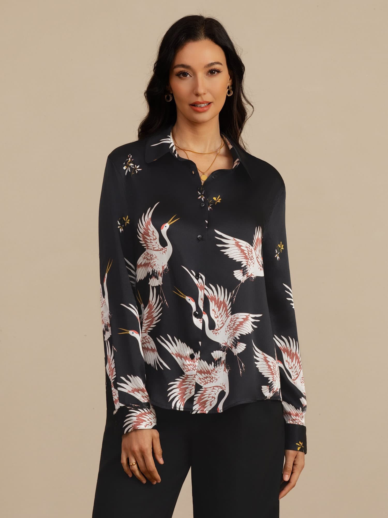 [Black] SilkSilky  19Momme Long Sleeve Lapel Collar Women's Shirt 001