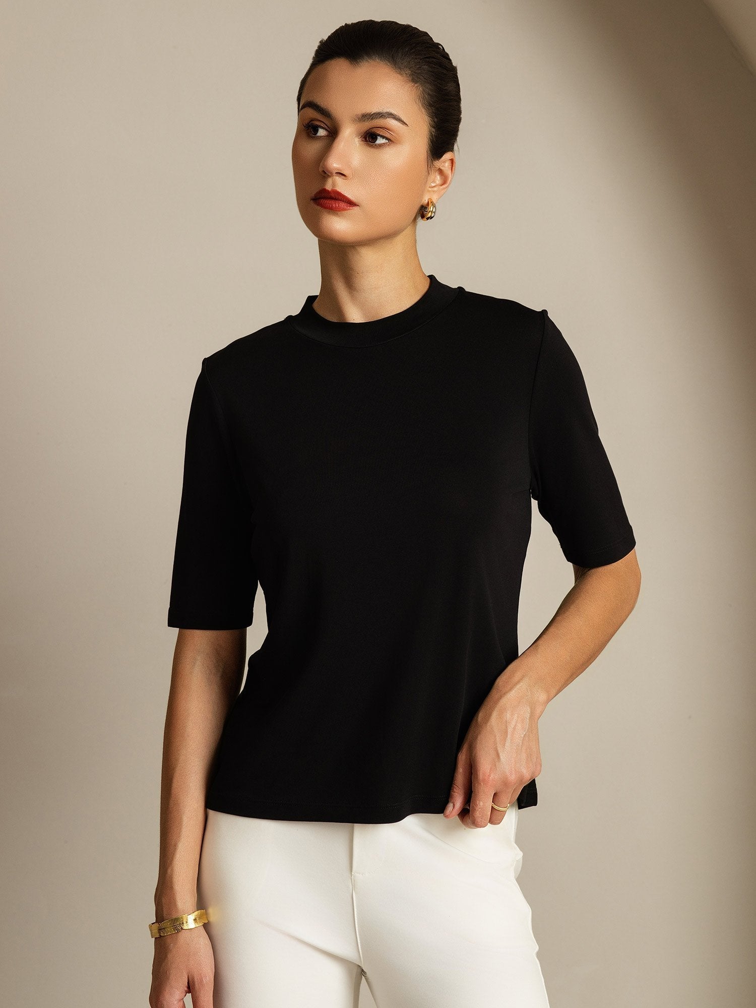 [Black] SilkSilky  Pure Silk Round Neck Women's T-Shirt 006
