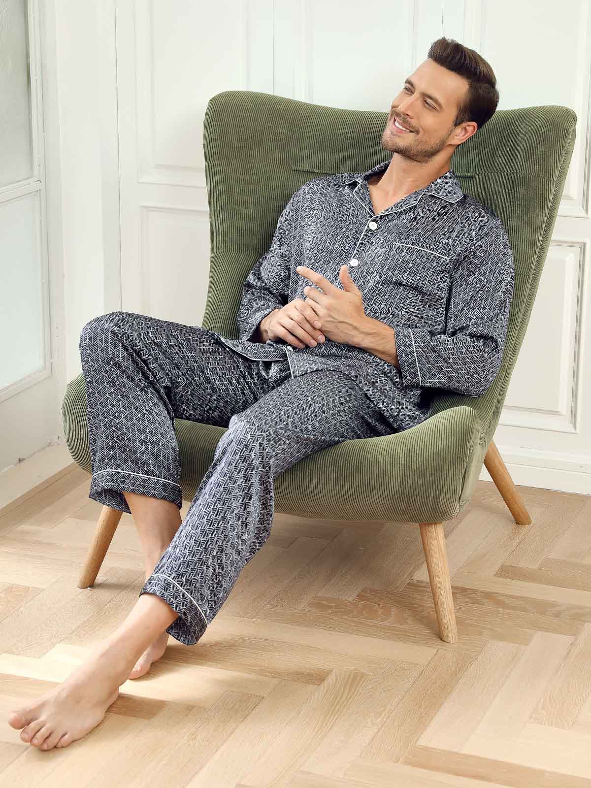 [Navy Ginkgo] SilkSilky  19Momme Pure Silk Mens Pajamas 008
