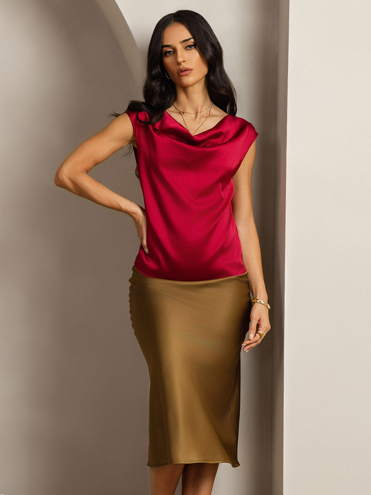 [Wine] SilkSilky  19Momme Silk Cowl Neck Women's T-Shirt 004