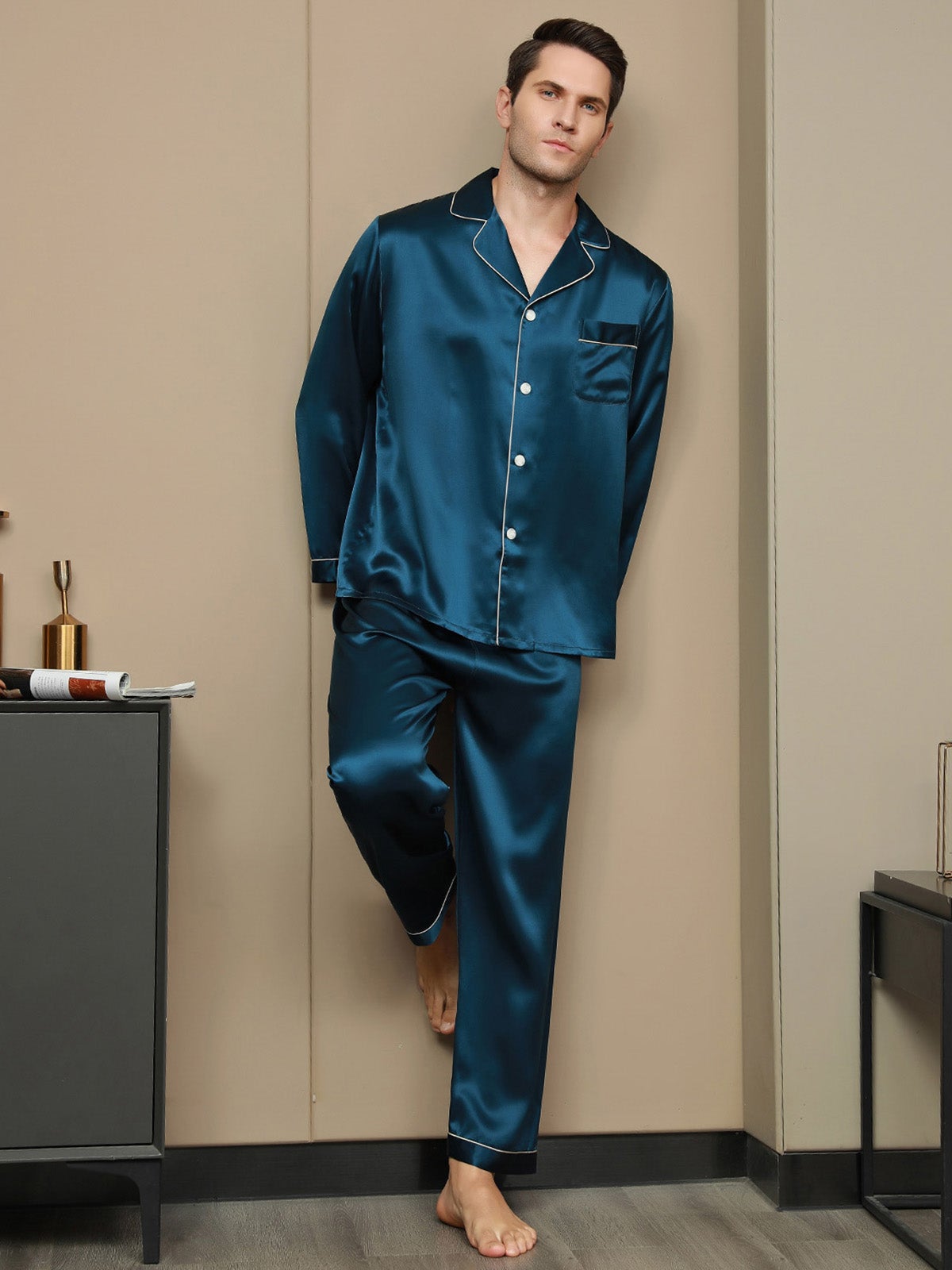 SilkSilky US 19Momme Pure Silk Long Sleeve Lapel Men's Pajamas Teal 004