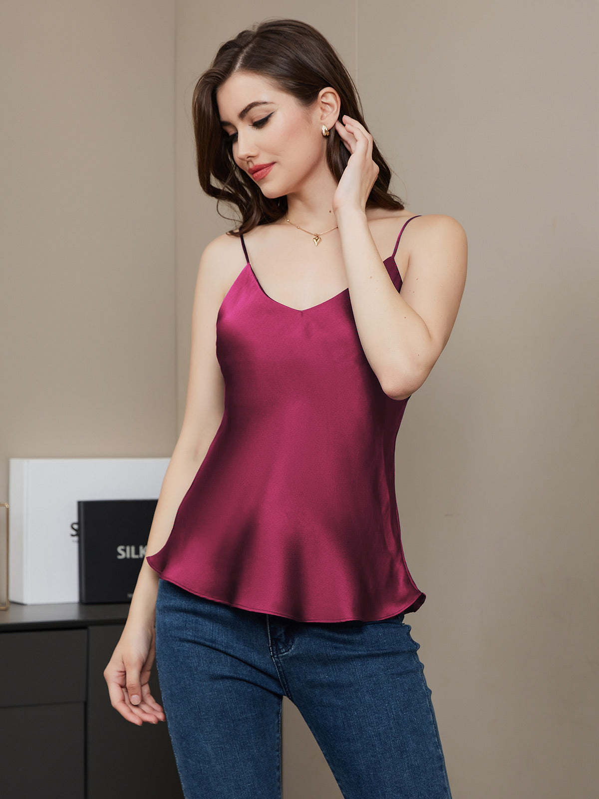 SilkSilky  Pure Silk Sleeveless V Neck Camisole Top Fuchsia 005