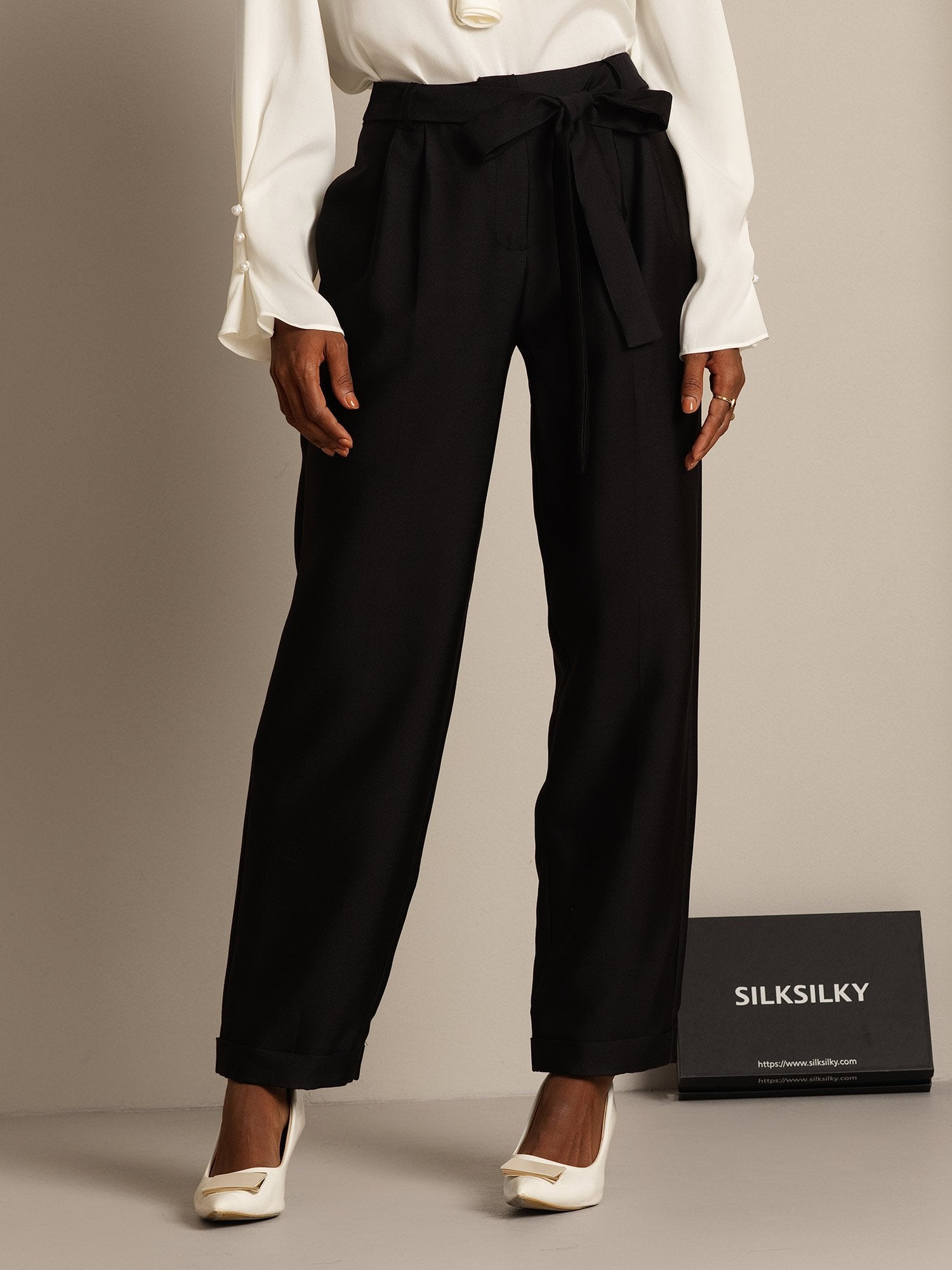[Black] SilkSilky  32Momme Silk Womens Pants 006,
