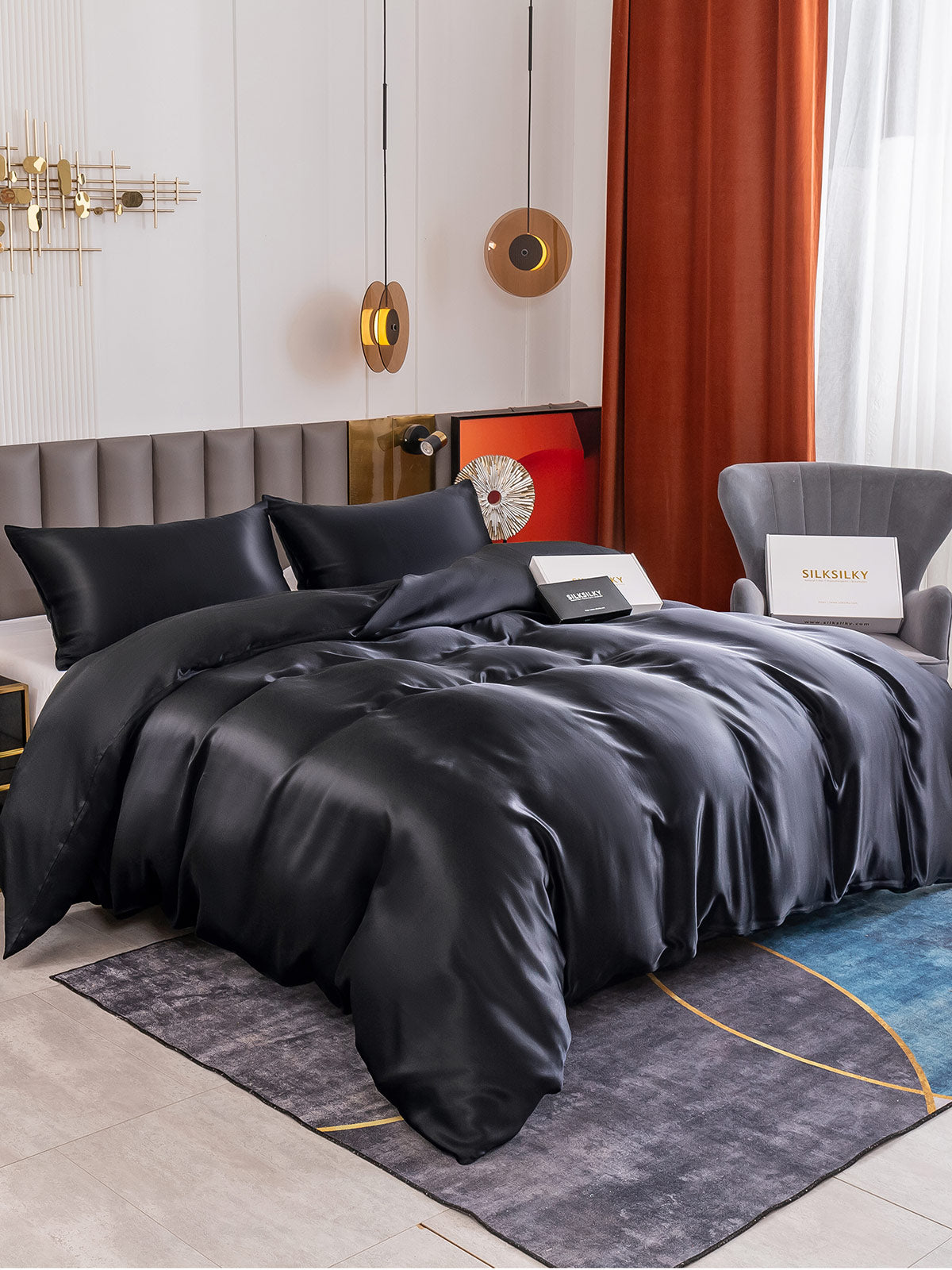 SilkSilky US 19Momme Pure Silk Bedding Set Black 001