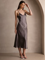 [Dark Khaki] SilkSilky  Pure Silk Spaghetti Strap V Neck Dress 007