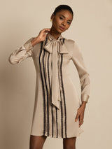 [Tan] SilkSilky 19Momme Silk Long Sleeve Tie Neck Dress 003