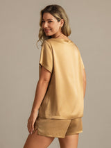 [Tan] SilkSilky  Short Sleeve Round Neck Women's Pajamas 002