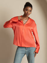 [Imperial Red] SilkSilky  19Momme Long Sleeve Notch Collar Women's Shirt 007