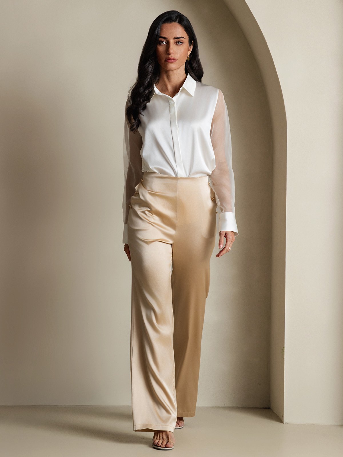 [White] SilkSilky  19Momme Silk Lapel Collar Women's Shirt 006