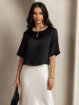 [Black] SilkSilky  Pure Silk Half Sleeve Scoop Neck Women's T-Shirt 001