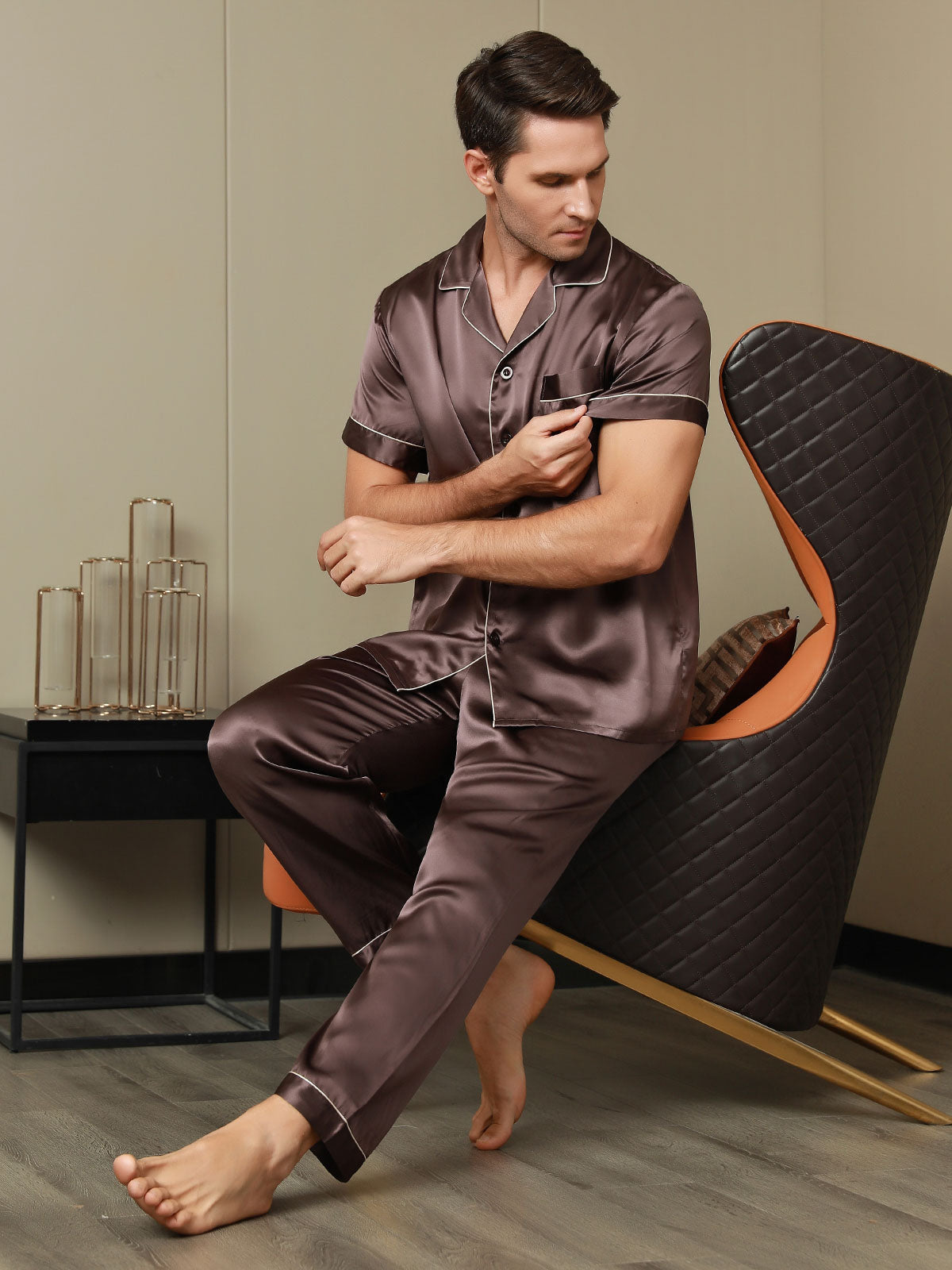 SilkSilky  Pure Silk Short Sleeve Lapel Men's Pajamas Coffee 006