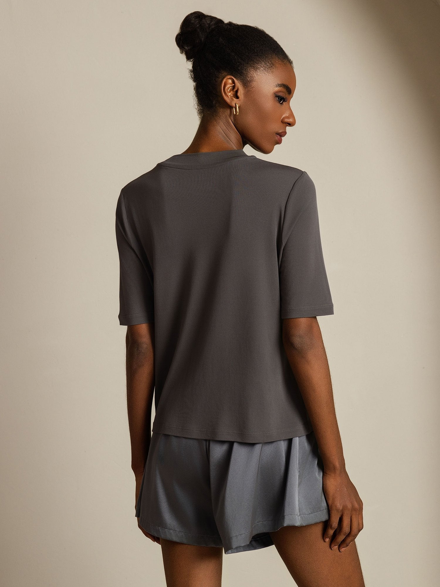 [Gray] SilkSilky  Pure Silk Round Neck Women's T-Shirt 002