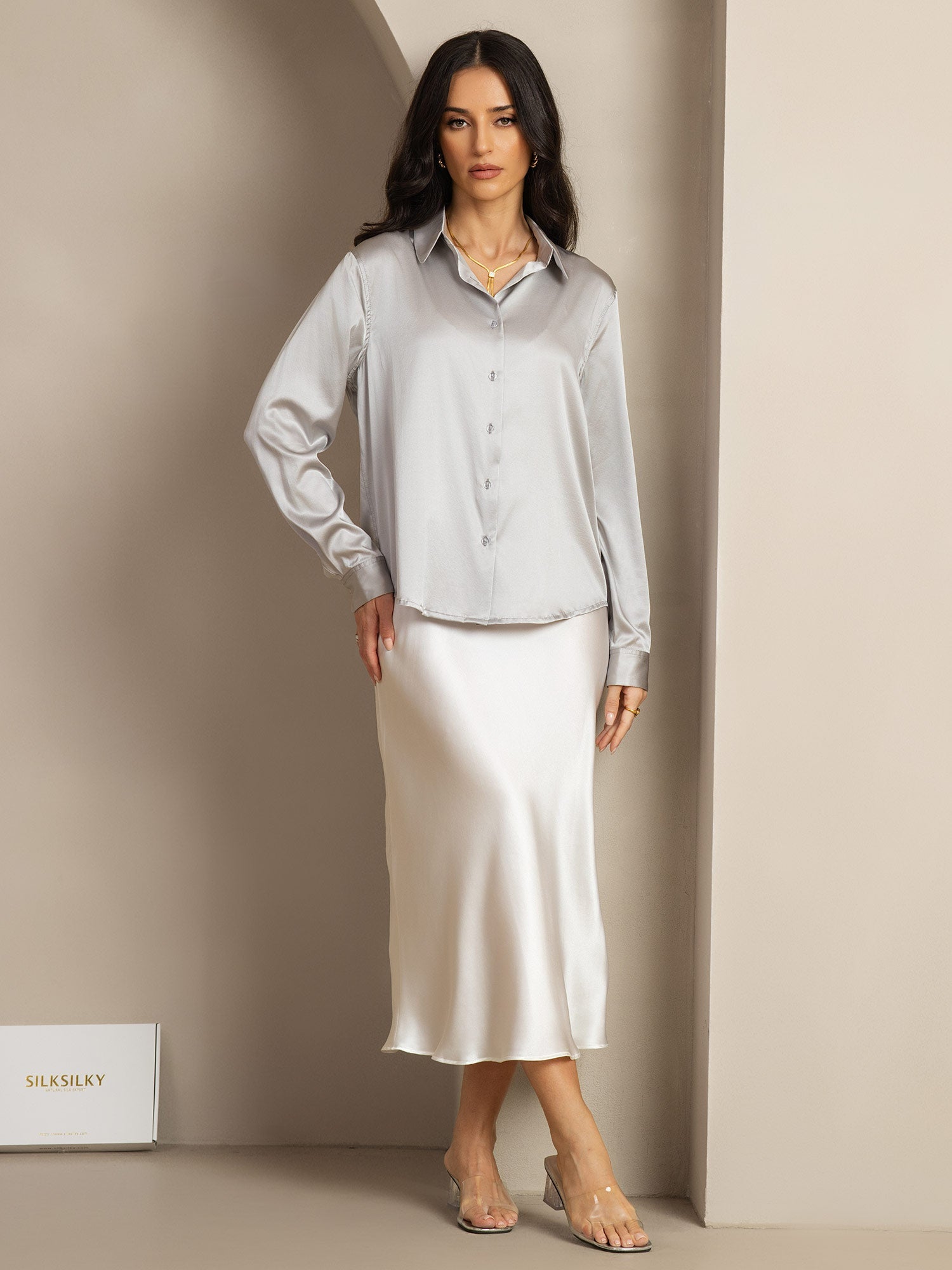 [Light Gray] SilkSilky  Silk Lapel Collar Women's Shirt 004