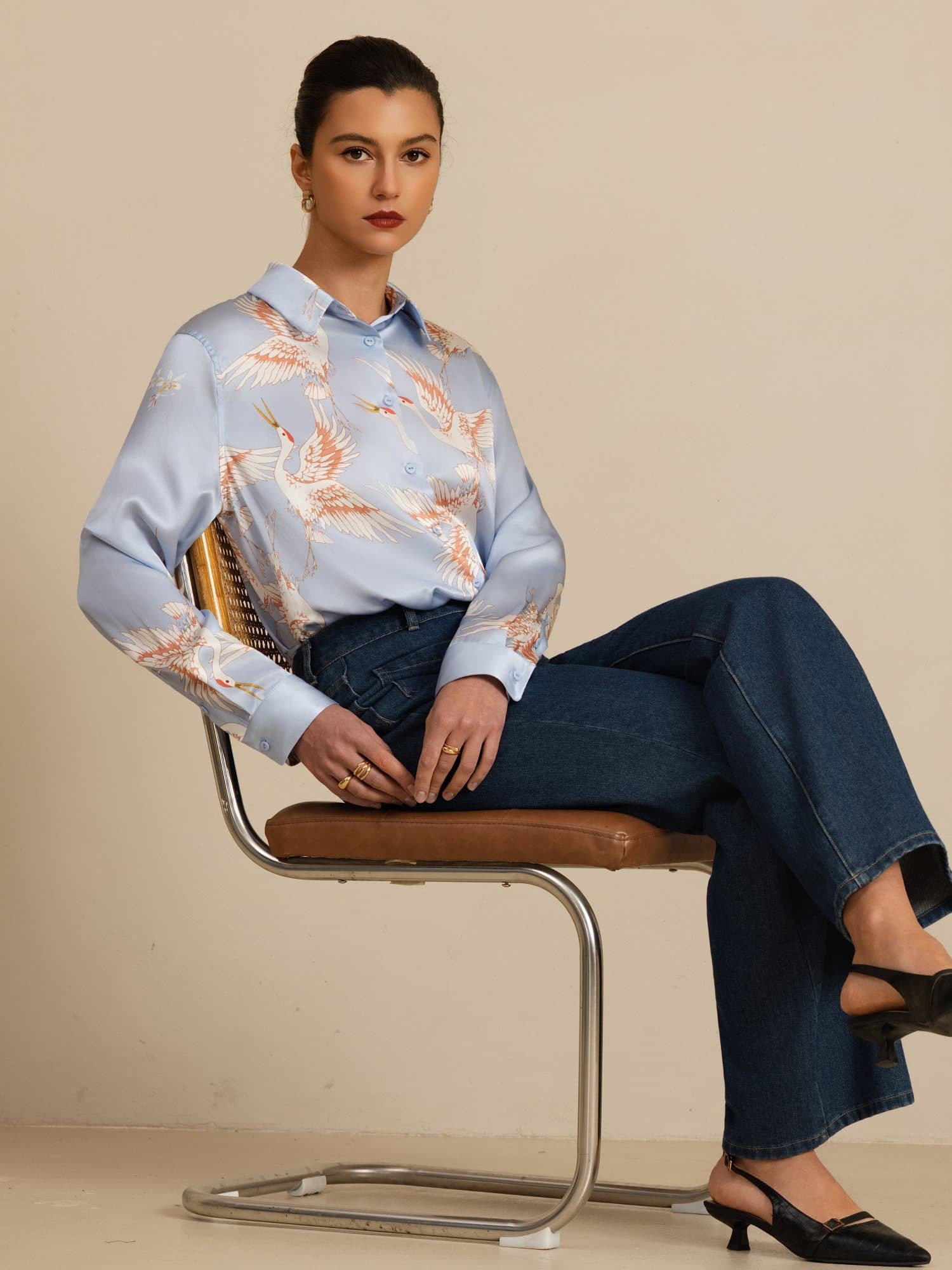 [Light Blue] SilkSilky  19Momme Long Sleeve Lapel Collar Women's Shirt 005