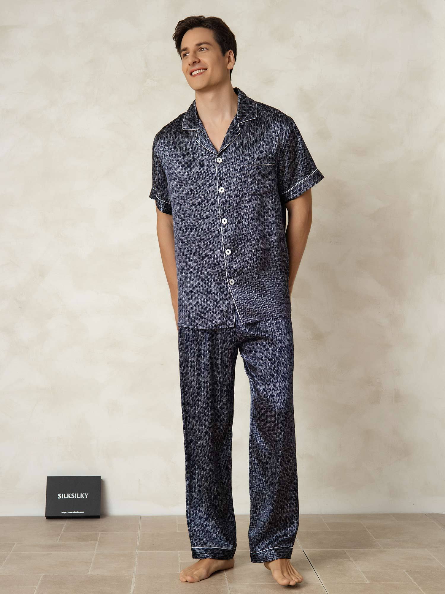 [NavyGinkgo] SilkSilky Pure Silk Lapel Collar Men's Pajamas 001