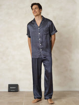 [NavyGinkgo] SilkSilky Pure Silk Lapel Collar Men's Pajamas 001