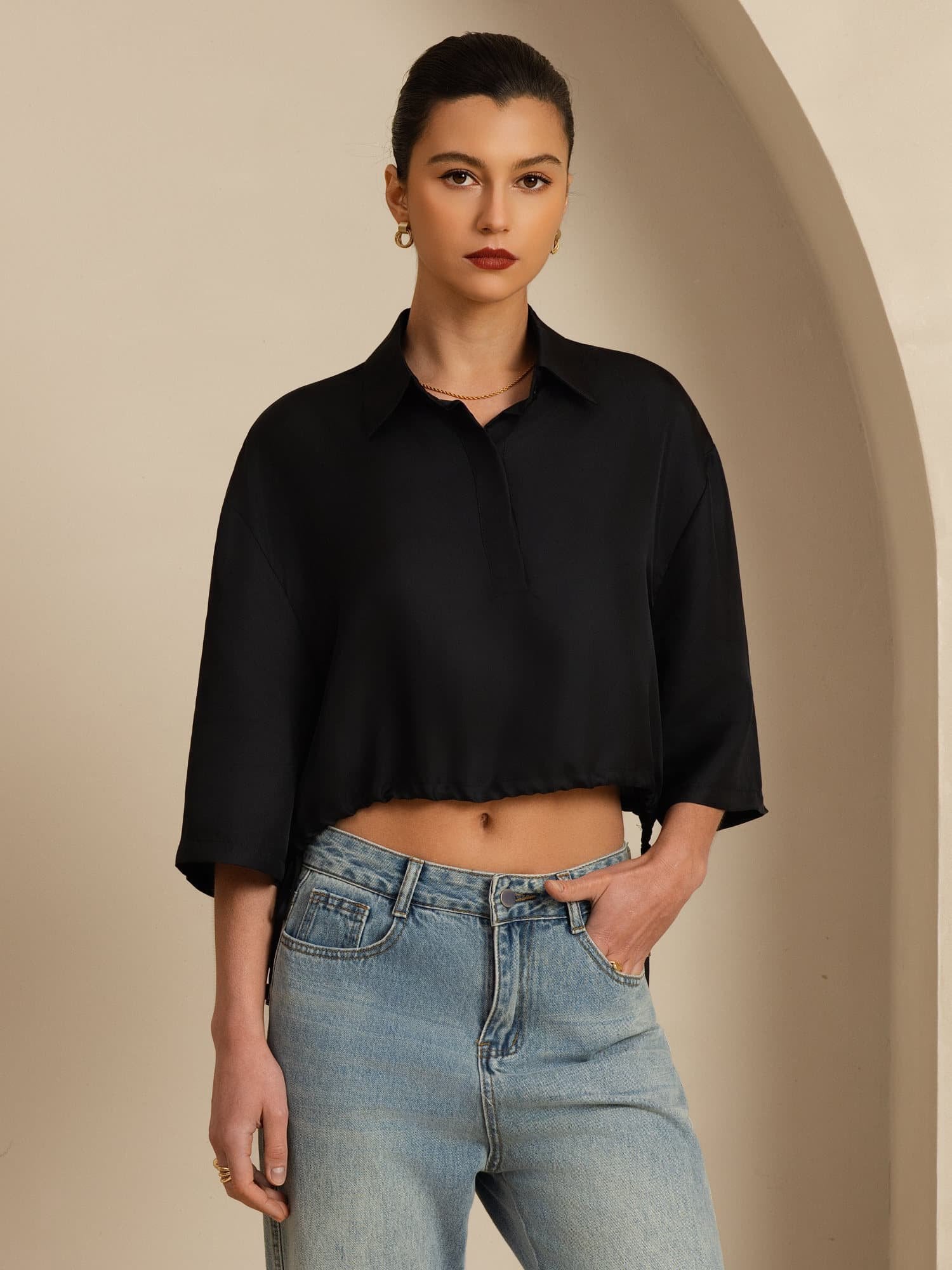 [Black] SilkSilky  18Momme Silk Satin Surah Half Sleeve Lapel Collar Blouse 004